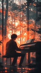 Young man playing piano in a magical forest at sunset, surrounded by glowing trees.