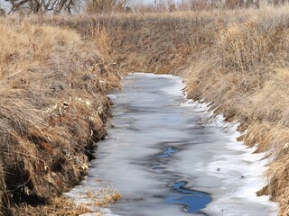 Creek slowly beginning to flow as the ice melts, Boulder, Colorado