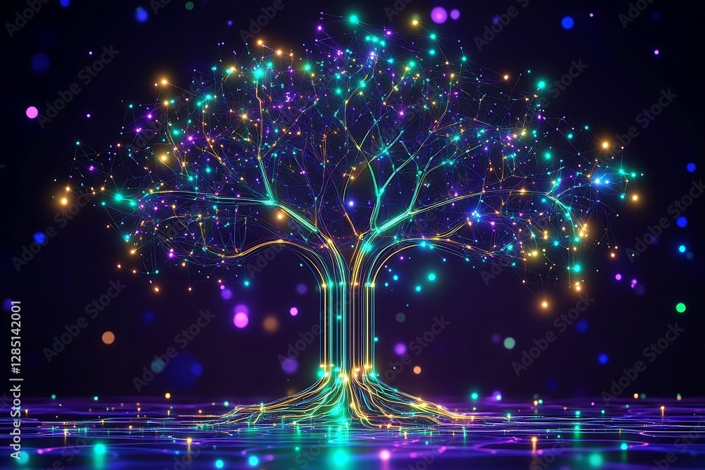 Poster Enchanting Tree of Light Design Featuring Colorful Digital Effects and Illuminated Branches : Generative AI