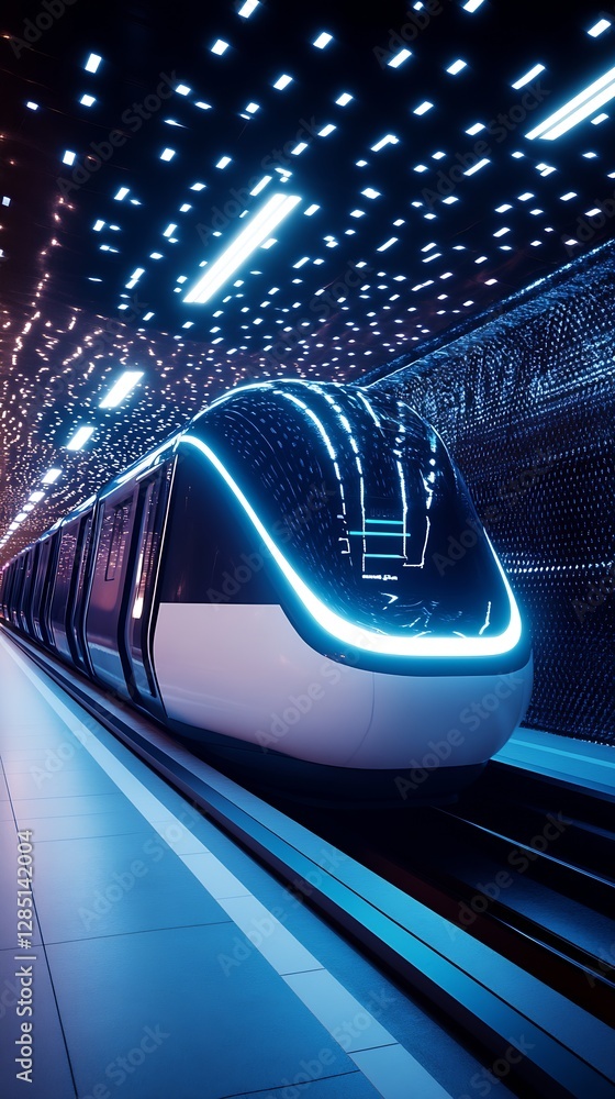 Poster sleek modern urban train displaying futuristic aesthetics in neon tunnel design : generative ai