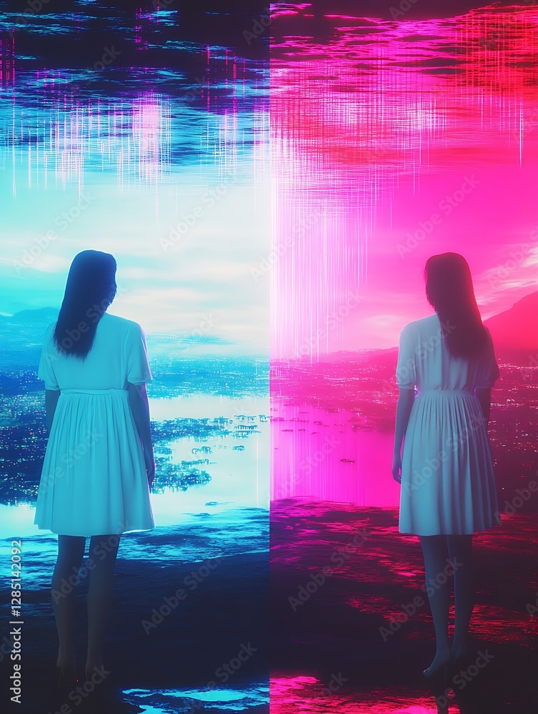 Poster striking digital artwork showcasing two figures against a vibrant neon backdrop at dusk : generative
