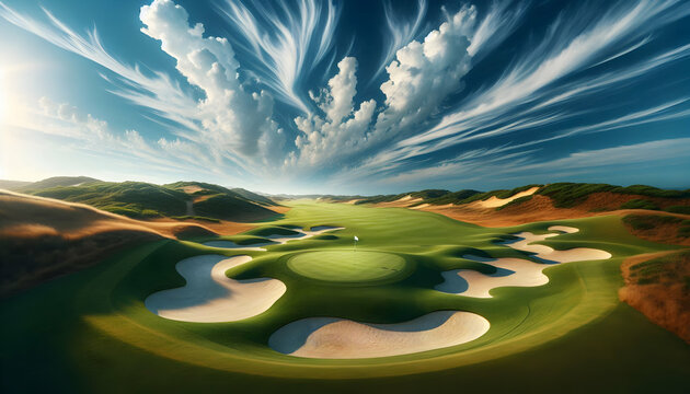 Golf A panoramic view of a golf course with rolling hills and strategically placed sand bunkers
