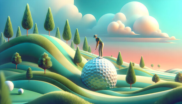 Golf A fantasy-style illustration of a golf ball embedded in a lush, rolling hill