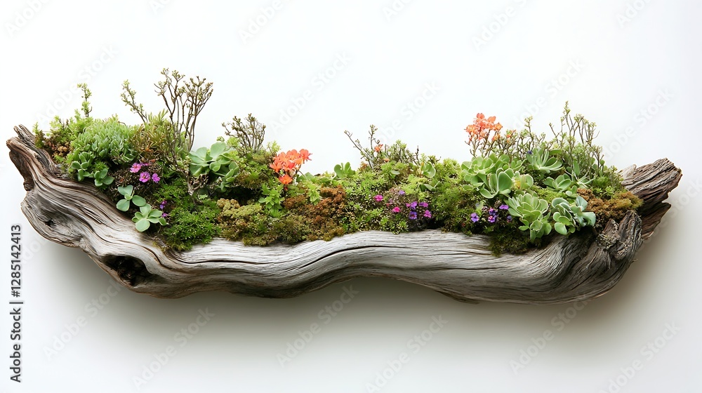 Poster artistic driftwood planter filled with succulents and moss for a unique home accent : generative ai
