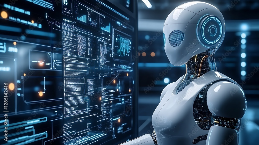 Aufkleber Futuristic robot examining detailed digital data on a transparent screen in a modern technological environment : Generative AI