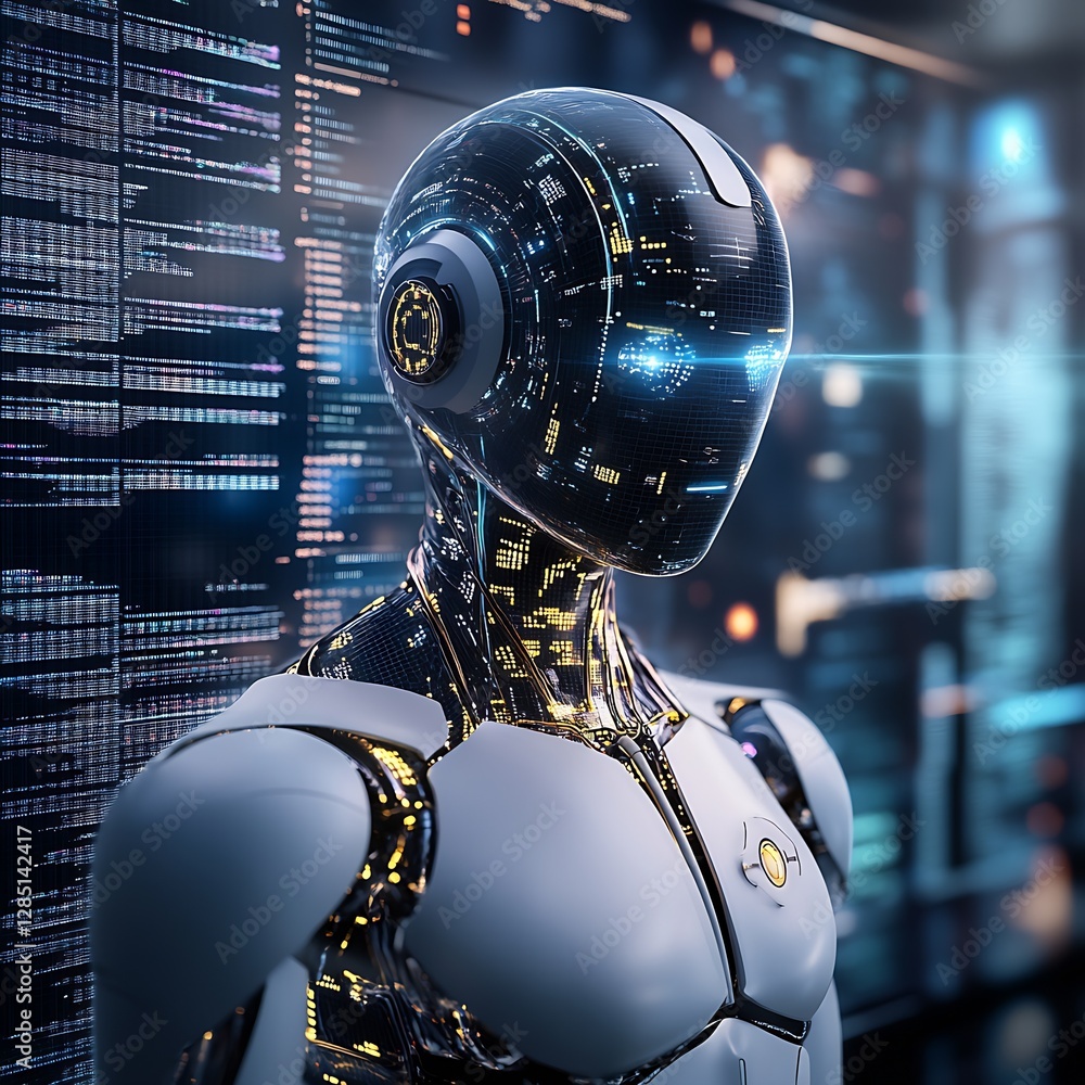 Aufkleber Advanced humanoid robot with illuminated features observing a complex data display representing technology evolution : Generative AI