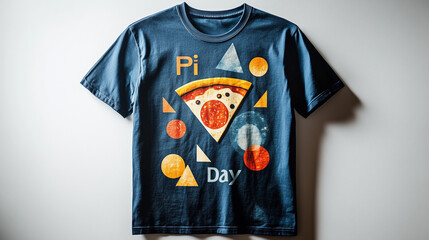 Blue Pi Day t-shirt with pizza and mathematical symbols