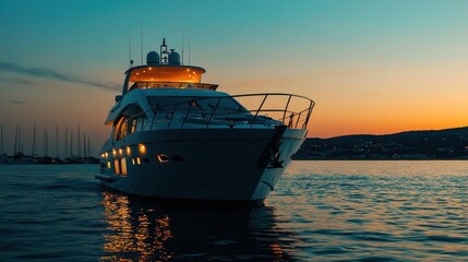 Fototapeta premium A luxurious yacht sails through calm waters at sunset, illuminated by soft lights, creating a serene and elegant atmosphere.