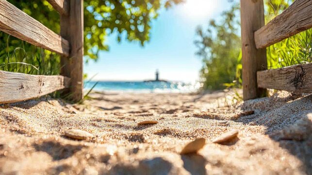 Serene Beach Path  Lighthouse  Sand  Fence  Ocean View