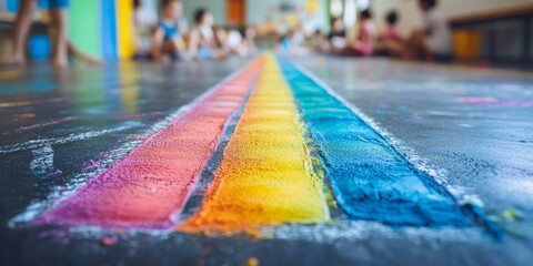 Rainbow chalk trail leading to blurred students in a classroom