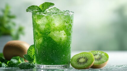 Refreshing kiwi mint drink in glass, with ice and mint, on table with fruit