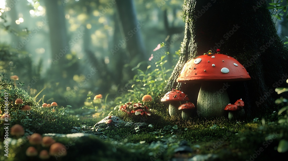 Poster enchanting scene of whimsical red mushrooms under a lush green forest canopy filled with vibrant flo
