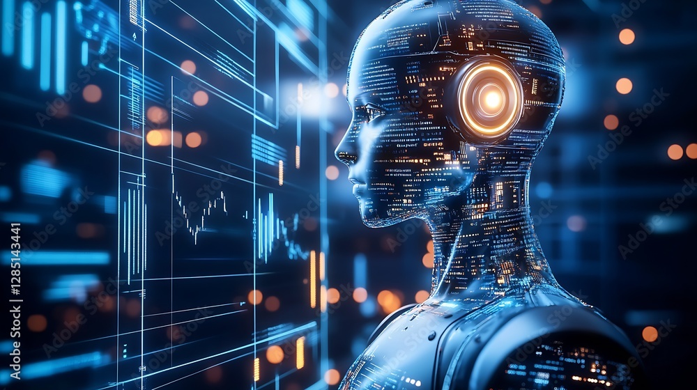Poster Dramatic side profile of a futuristic humanoid robot reflecting advanced technology and digital data in its design : Generative AI