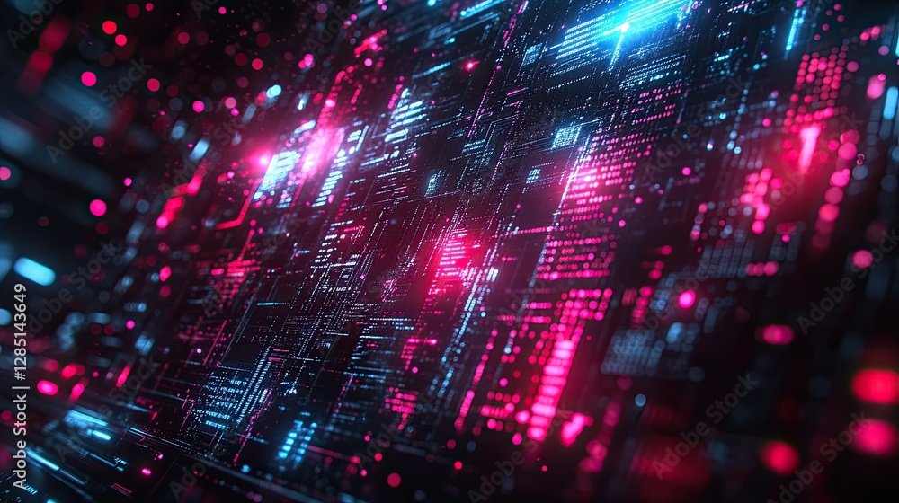 Poster digital abstract artwork shows futuristic data network in blue and red