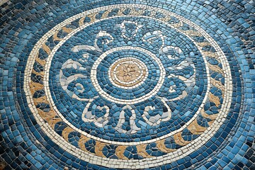 Fototapeta premium Mosaic tile design in turquoise and blue with hexagonal patterns, showcasing an Islamic geometric pattern. The center of the circle is filled by complex floral designs.