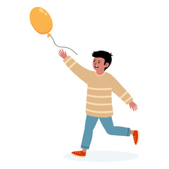 Child joyfully running with a yellow balloon in a playful setting outdoors