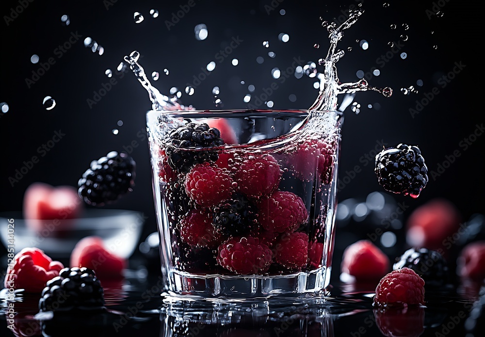 Poster exciting water splash creating ripples around fresh raspberries and blackberries in a glass : genera