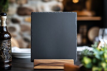 Stylish blank slate menu board on wooden holder in a rustic dining area : Generative AI