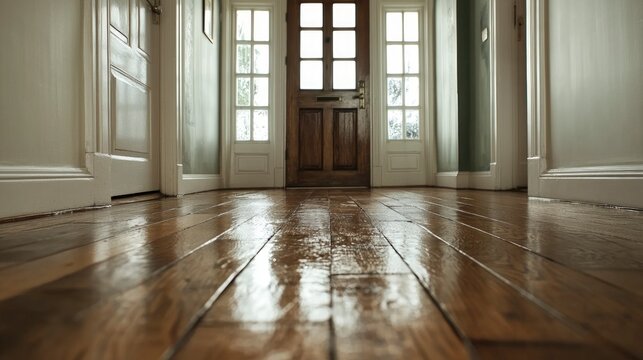 Spilled Liquid on Polished Wooden Floor  Home Interior  Water Damage