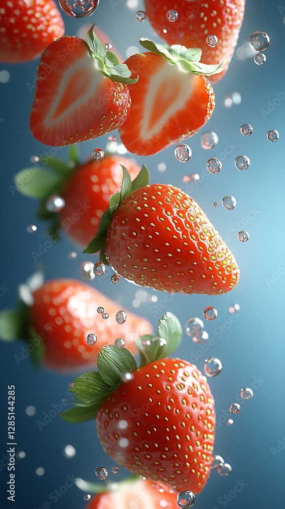 Poster Vibrant Strawberries Emerging from Clear Water Drops Creating a Dynamic and Engaging Visual Scene : Generative AI