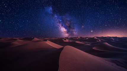 Naklejka premium A vast, starry desert sky stretching above rolling sand dunes at night 