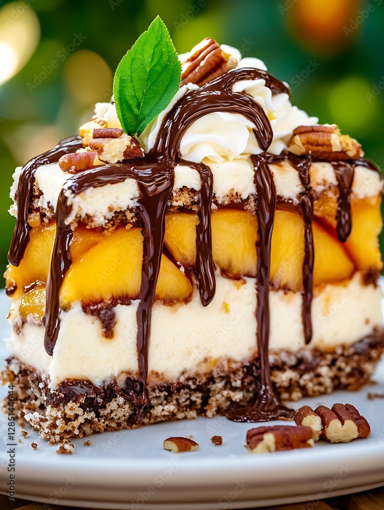 Poster mouthwatering slice of layered ice cream cake with chocolate and pecans : generative ai