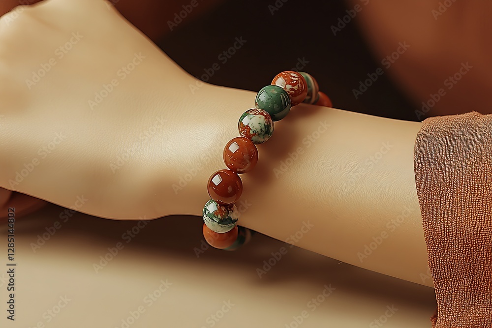 Poster richly colored gemstone bracelet with vibrant red and green beads harmoniously complementing an eleg