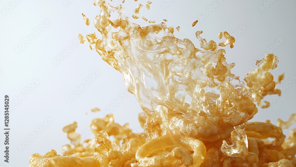 Poster artistic depiction of dynamic splash of crispy golden snack food creating an energetic visual effect