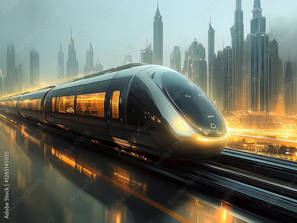 Aufkleber sleek design of a modern train showcasing high-speed travel in a glowing metropolitan background : g