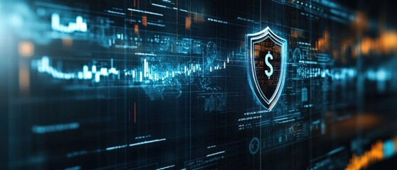 Fototapeta premium Digital Security Finance Concept: A Futuristic Representation of Cyber Protection Over Financial Transactions in a Virtual Space Highlighting Money Shield Graphics