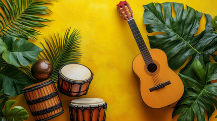 Traditional musical instruments with a tropical yellow backdrop. World Music day. Brazilian carnival 