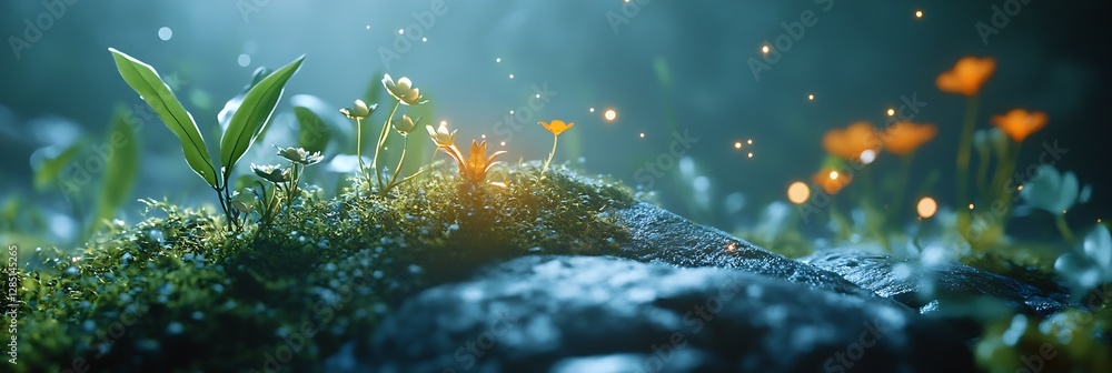 Poster enchanting scene of tiny orange flowers with shimmering lights amidst lush moss and greenery in fore