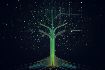 Futuristic digital tree illustration featuring bright flowing lines and vibrant lights representing a technological ecosystem : Generative AI