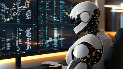 Humanoid robot utilizing multi-screen setup to monitor and analyze complex data trends in futuristic office : Generative AI