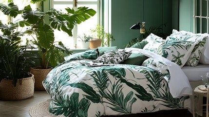 A Bedroom with Botanical Decor and a Tranquil Atmosphere
