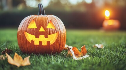 Obraz premium Illuminated Jack o lantern on Autumn Grass Halloween Night Scene