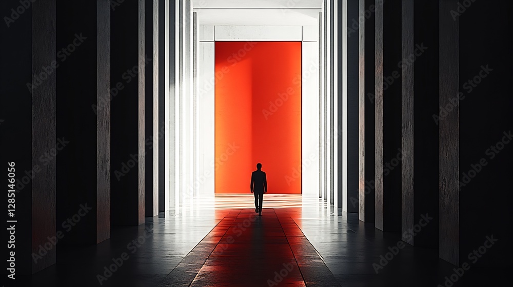 Poster solitary figure walking through a modern architectural space illuminated by vibrant red walls : gene