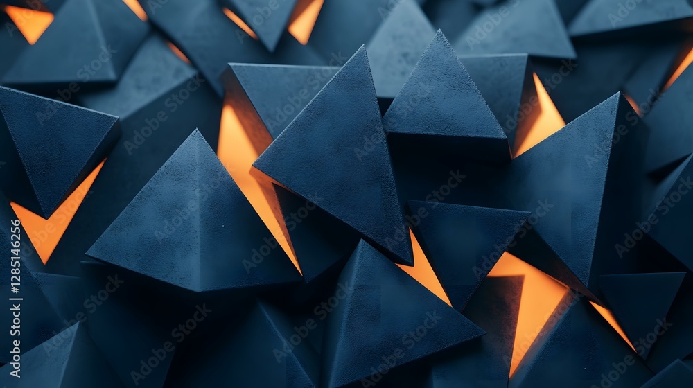 Poster the image shows a dense cluster of dark-blue, triangular pyramids, some illuminated from within by w