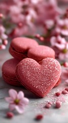 Fototapeta premium Romantic heart-shaped macarons surrounded by delicate pink flowers.