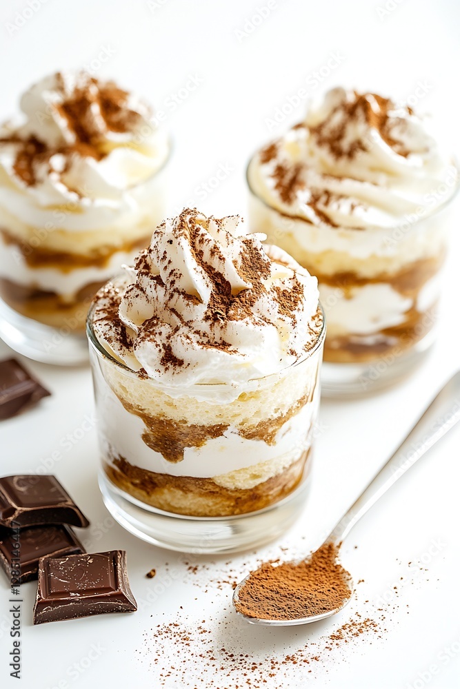 Poster charming image of upright tiramisu cups showcasing rich layers and creamy topping with cocoa : gener