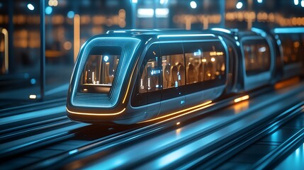 Futuristic train design at night illuminated by bright city lights on a modern track : Generative AI