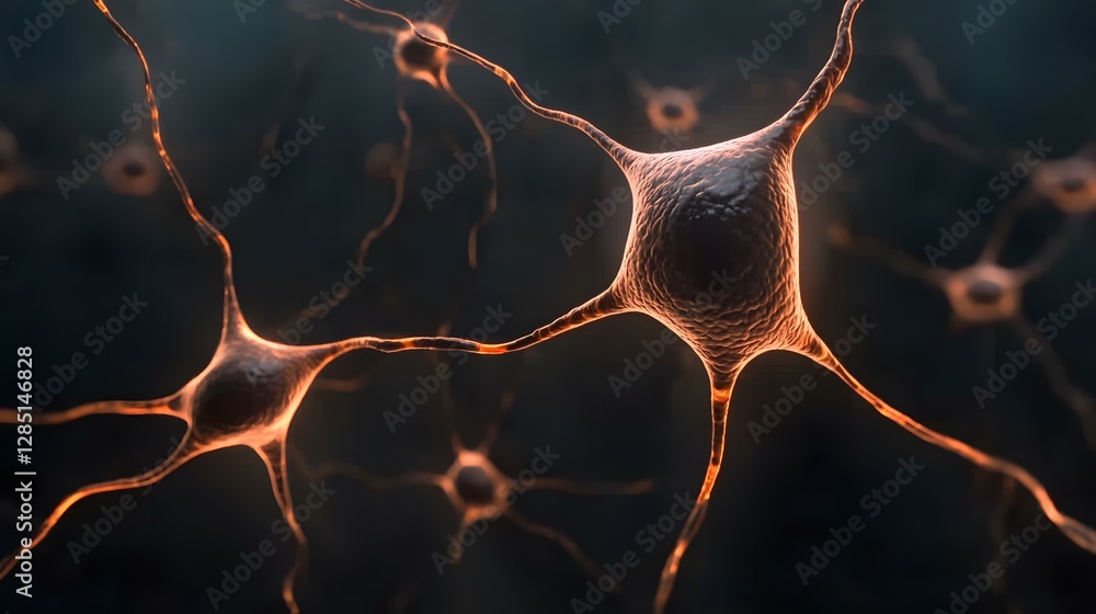 Poster the image shows a microscopic view of neurons, or nerve cells, their branching structures, and conne