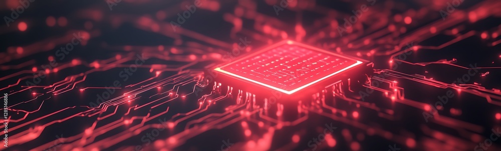Aufkleber Futuristic microchip with glowing circuitry background in red tones.