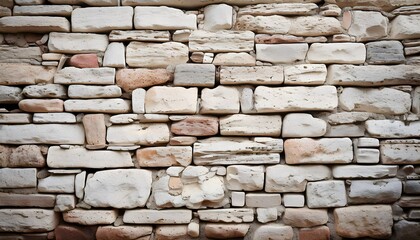 Obraz premium Close-up of a white stone wall with stacked bricks and natural textures.