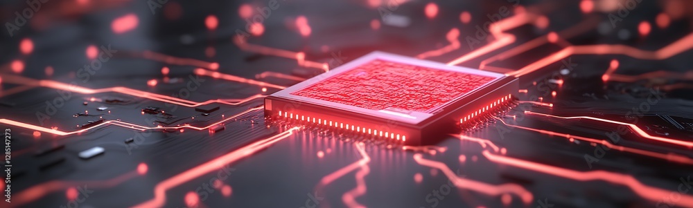 Poster Futuristic microchip surrounded by glowing circuitry in red tones.