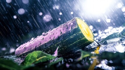 Juicy Cucumber Sliced in Rain  Fresh Produce  Wet Leaves
