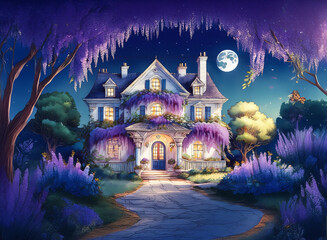 Fototapeta premium Dreamy house at night with wisteria flowers. Full moon in background creates a magical and peaceful atmosphere.