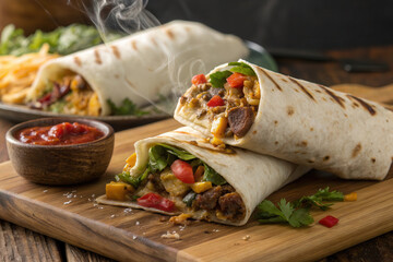 Steaming Beef Burritos with Salsa and Fresh Vegetables on Wooden Board