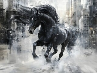 Powerful Black Horse Running Through an Abstract Urban Cityscape