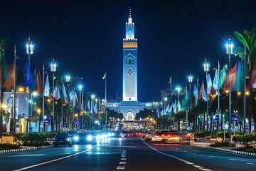 Fototapeta premium Photograph of the Casablanca night with its beautiful minaret and modern buildings in the foreground, behind which stands a huge white mosque. Flags line both sides of the road.